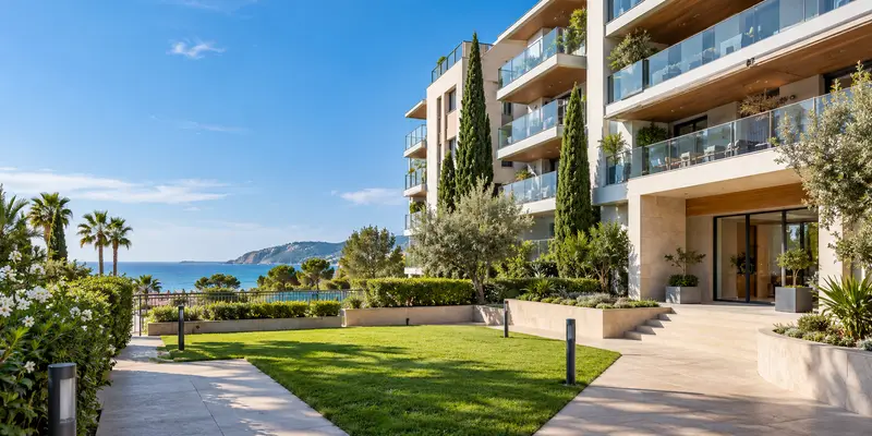 Residencial con jardín comunitario y vistas al mar